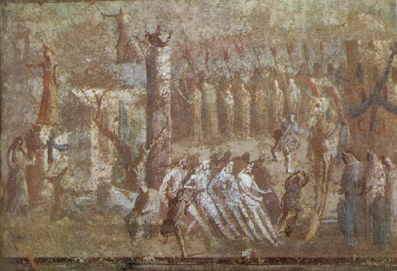 Wall painting from Pompeii showing the story of the Trojan Horse, unknow artist